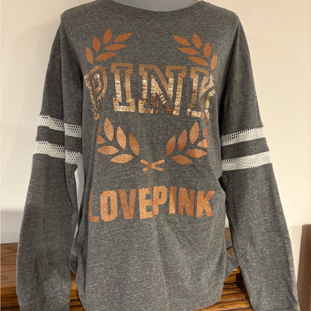 PINK Victoria's Secret Gray Sequin Logo Long Sleeve Bling Campus T-shirt Sz Sm